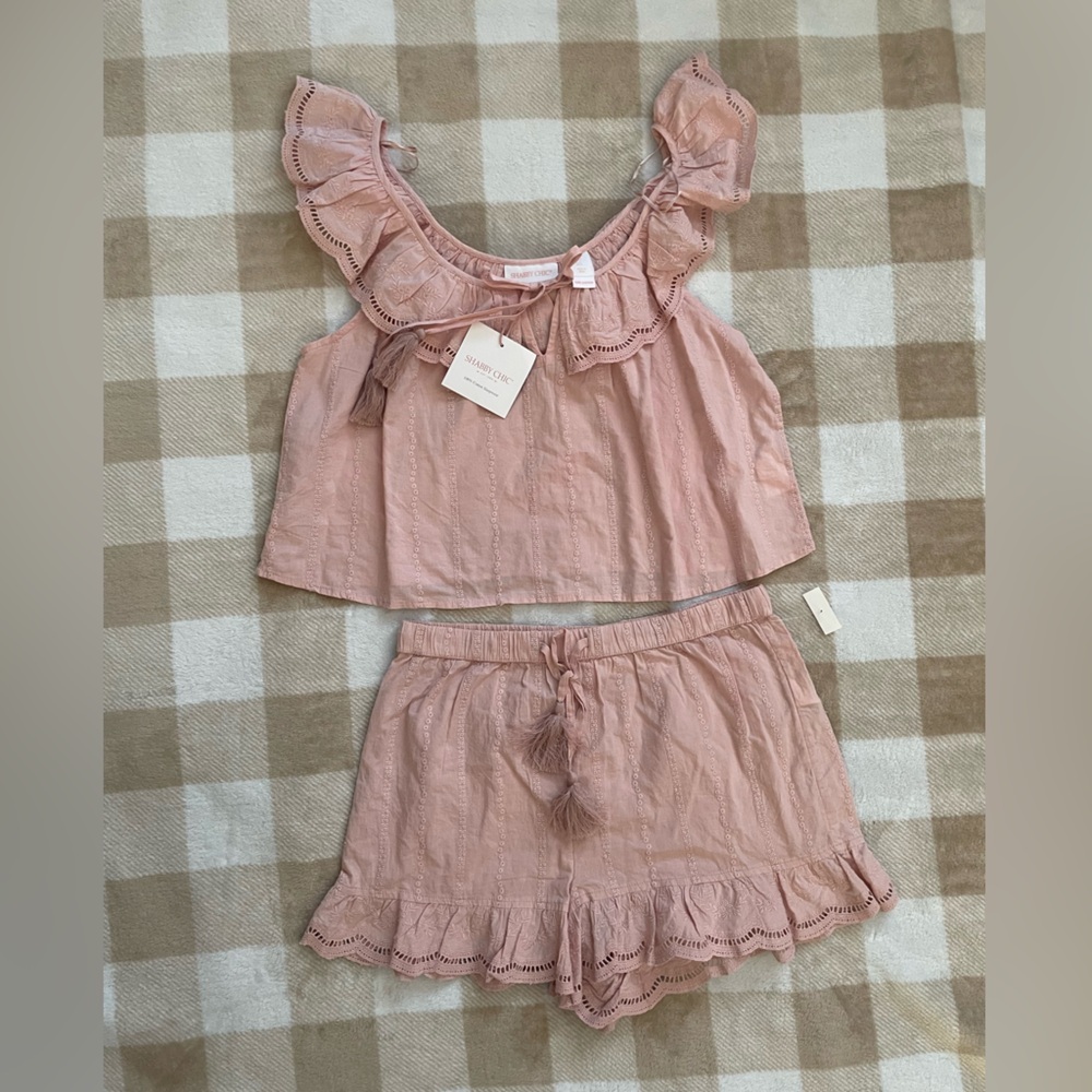 NWT Shabby Chic Women's Blush Ruffle Pajama Set Pyjama 100% Cotton Size Small